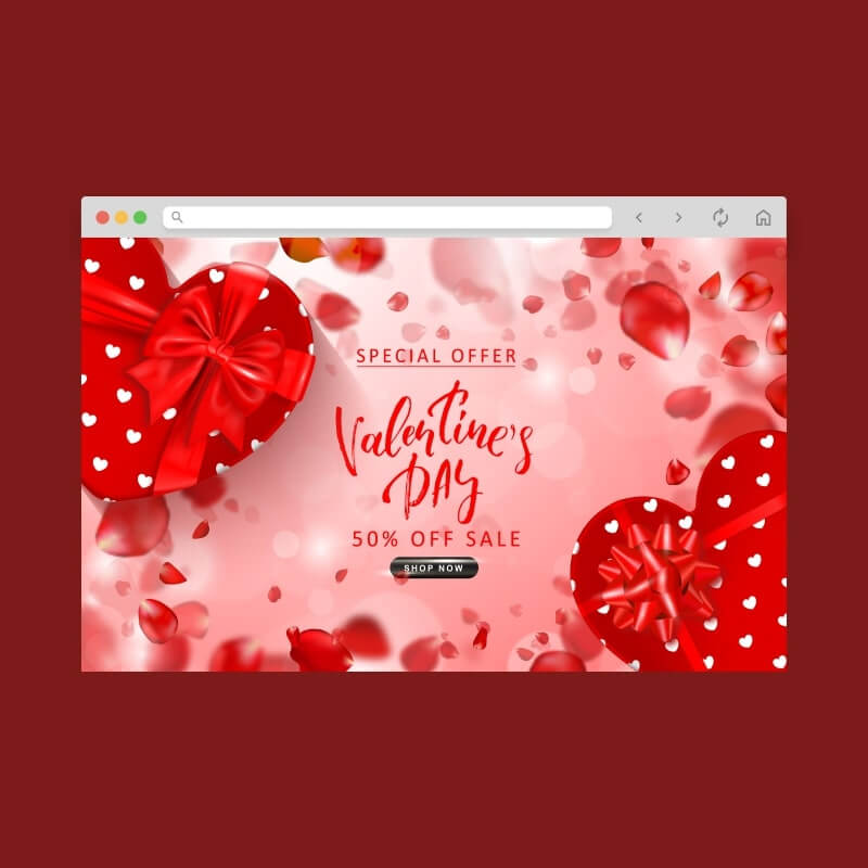 Create a sense of urgency Screenshot of a webpage displaying a Valentine’s Day special offer with a 50% discount.