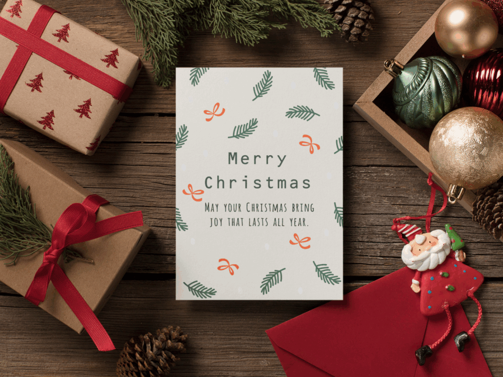 04 Merry Christmas wishes for loved ones Merry Christmas card mockup featuring festive designs and colors, set against a neutral background.