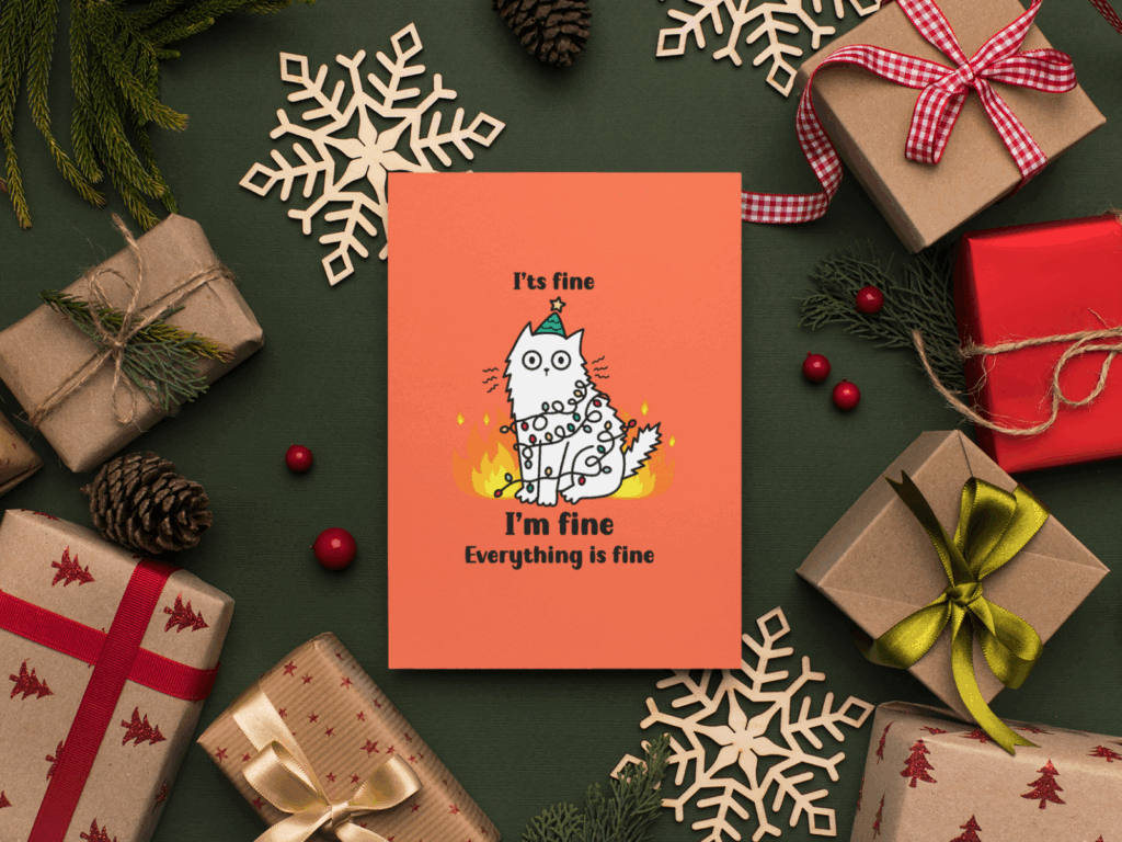 05 Funny holiday messages A festive Christmas card featuring a playful cat surrounded by colorful presents.