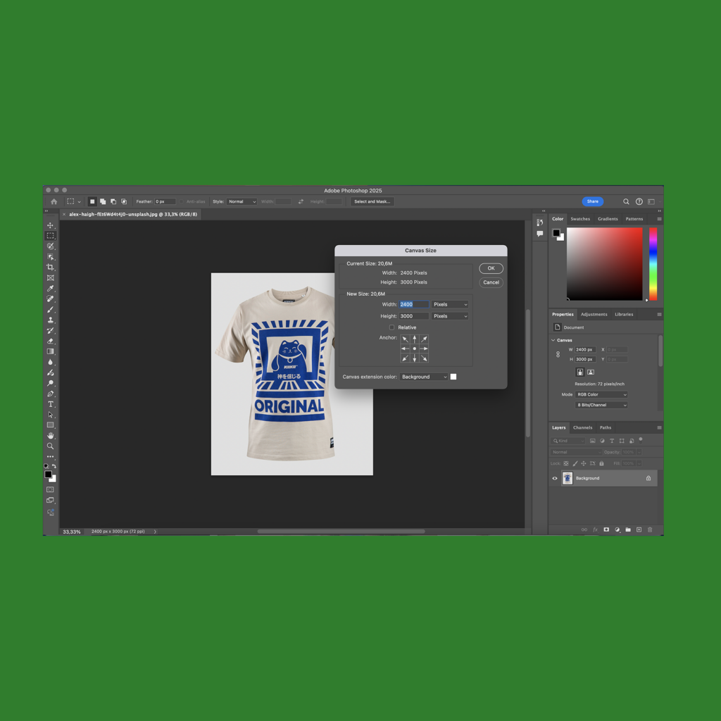Adobe Photoshop for Shopify image size A screenshot of Adobe Photoshop’s interface with the image size editing tab open.