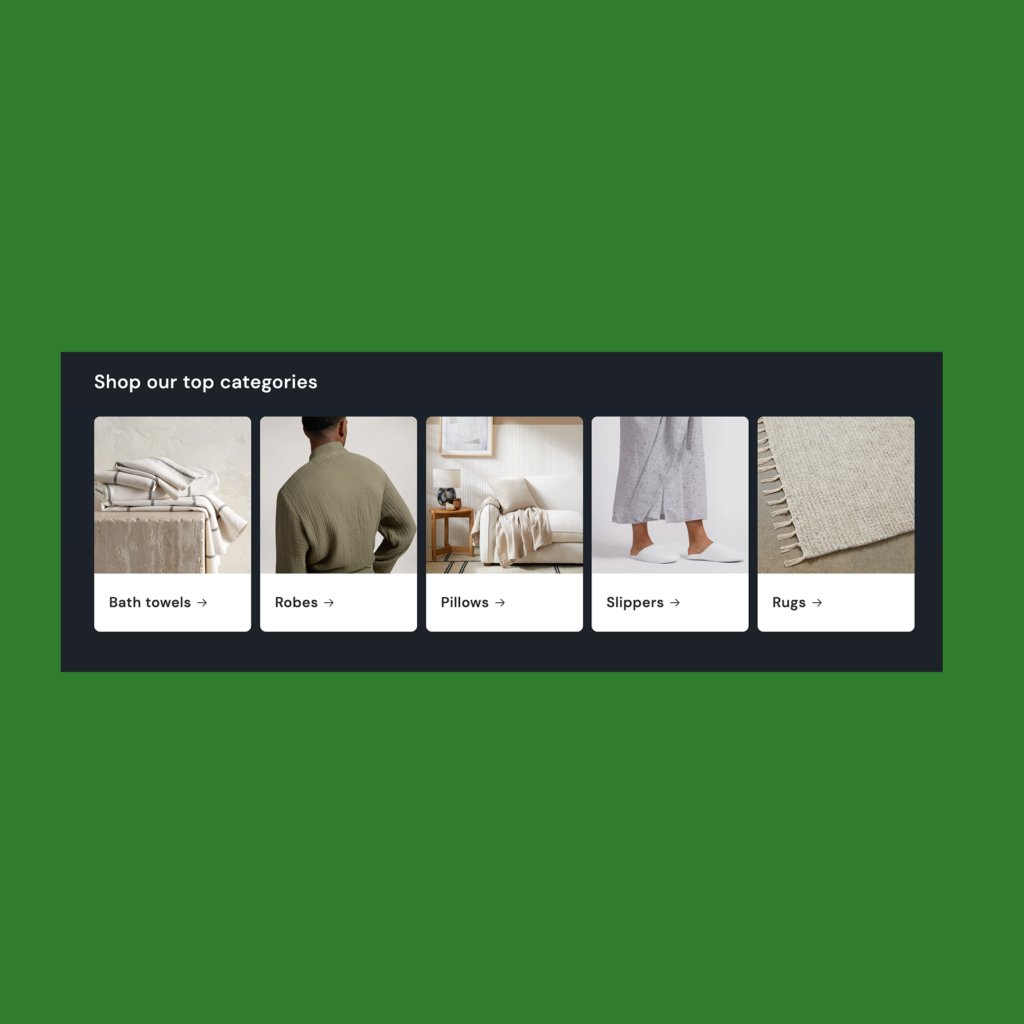 Multiple images on a desktop A screenshot mockup of Shopify’s Trade theme categories or collection pages section.