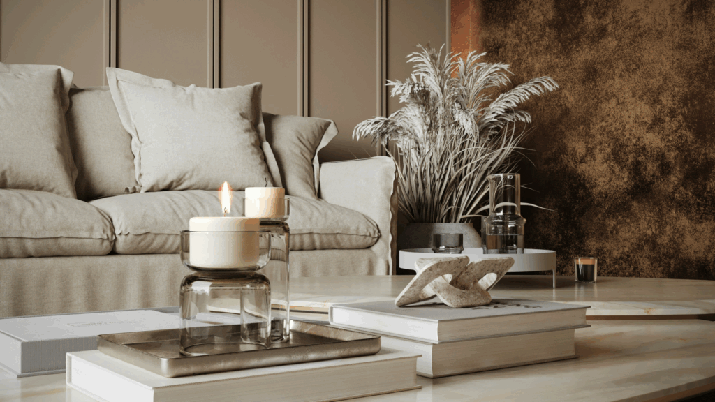 Old money romance A cozy living room featuring a couch, books on a shelf, and flickering candles on a table.