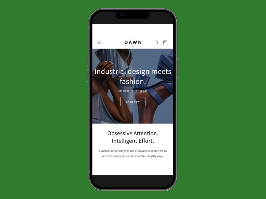 Shopify banner on a smartphone A screenshot mockup of Shopify’s Dawn theme hero section on a mobile device.