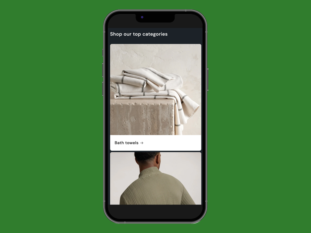 Shopify categories on a smartphone A screenshot mockup of Shopify’s Trade theme categories or collection pages section on a mobile device.