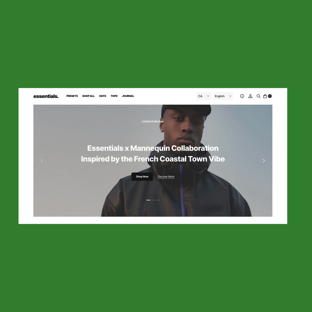 Shopify slideshow on a desktop A screenshot mockup of Shopify’s Essentials theme hero section slider.
