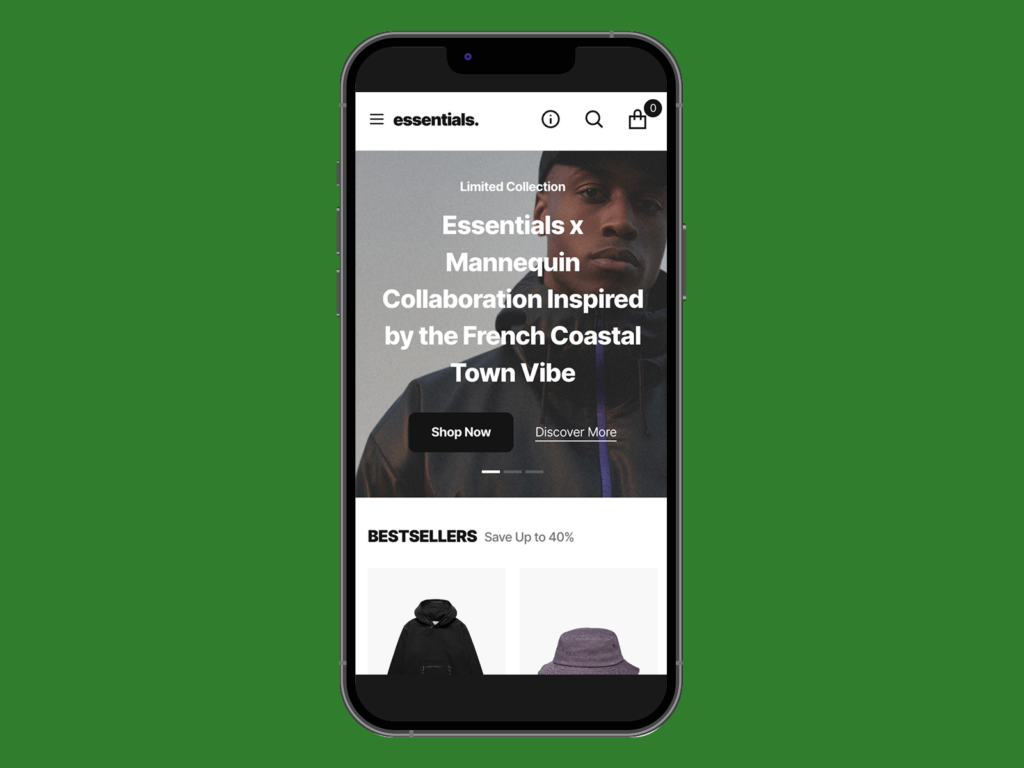 Shopify slideshow on a smartphone A screenshot mockup of Shopify’s Essentials theme hero section slider on a mobile phone.
